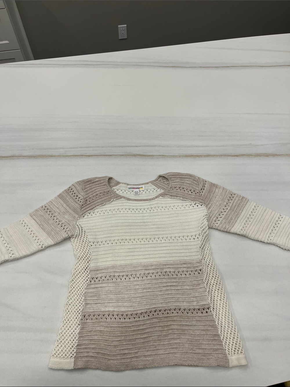 Parkhurst Cream and Tan Striped Knit Crewneck Sweater